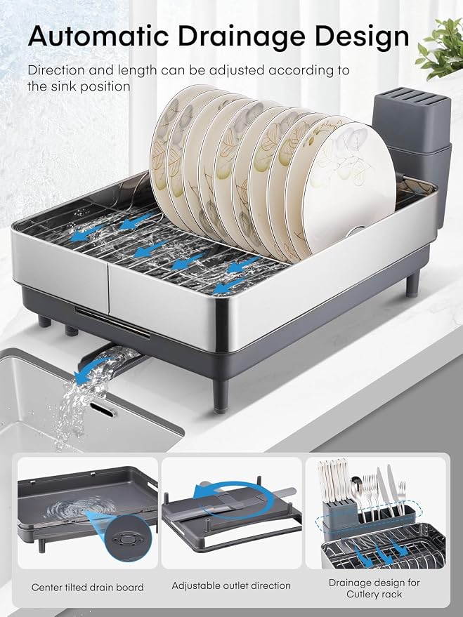FOHERE Large Dish Drying Rack, Expandable Dish Rack, Stainless Steel Dish Rack - Image 5