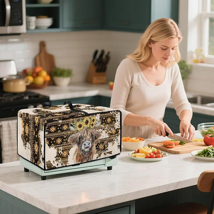 Convection Toaster Oven Cover with Pockets, Easy to Clean, Smart Microwave Baking Oven Dust Cover for Countertop, M, Aztec Highland Cow Sunflower Tribal Pattern