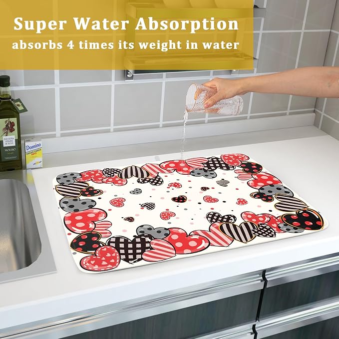 Red Heart Dish Drying Mat 18"x24" Love Dots Microfiber Dish Drainer Rack Mat - Image 7