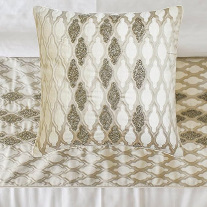The HomeCentric King/Queen/Twin Ivory Decorative King 90"x18" Bed Runner with Two Pillow Cover, Bead Hand Embroidery Bed Scarf on Jacquard Fabric - Priscilla Dazzle