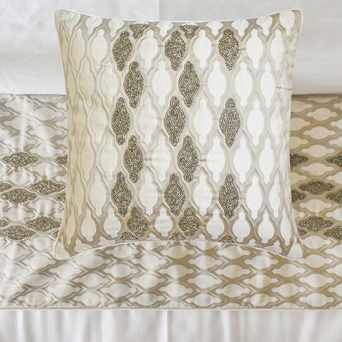 The HomeCentric King/Queen/Twin Ivory Luxury CA King 86"x18" Bed Runner with Two Pillow Cover, Bead Hand Embroidery Bed Scarf on Jacquard Fabric - Priscilla Dazzle