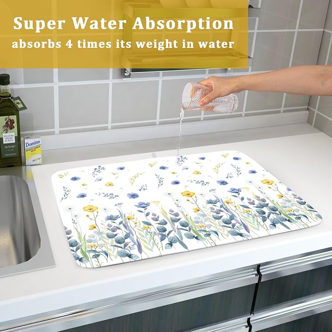 Floral Dish Drying Mat for Kitchen Counter 24x18 Inch Yellow Purple Flower - Image 7