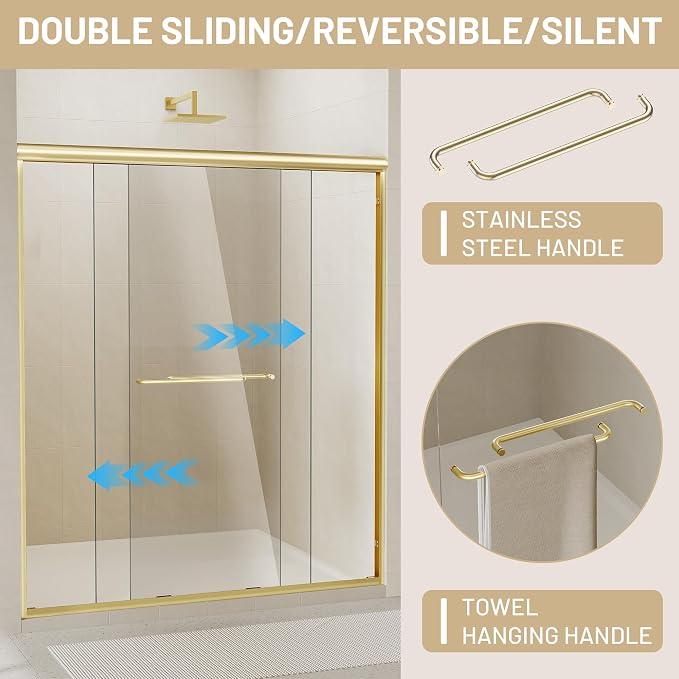 56-60" W x 70" H Double Sliding Shower Door, Semi-Frameless Shower Door - Image 2
