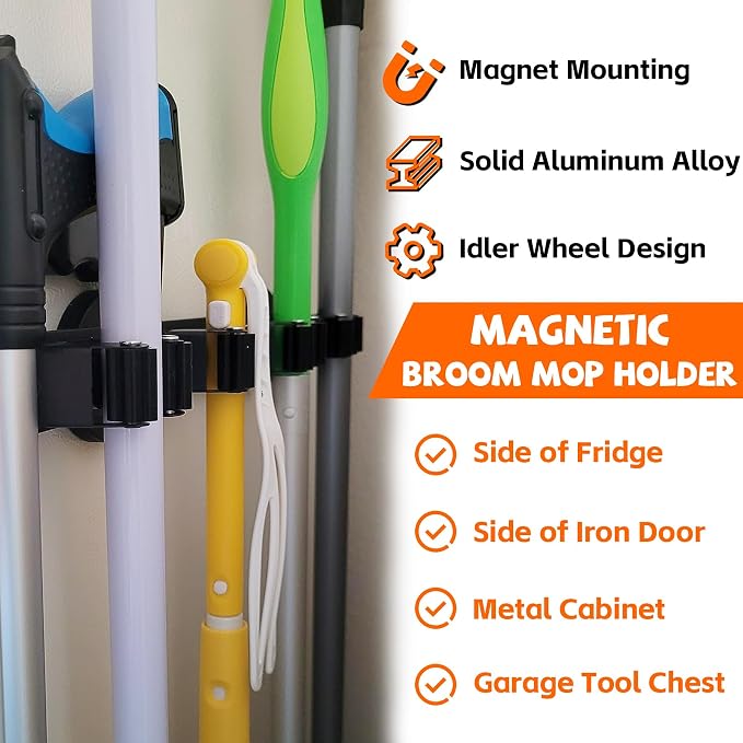 Magnetic Broom Holder Rack, Strong Magnetic Mount Mop Holder 4 Racks - Image 4