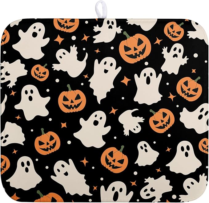 Halloween Dish Drying Mat for Kitchen Counter Pumpkin Spooky Ghosts Fall Dish by Wnoesat