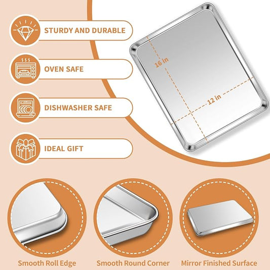 Stainless Steel Baking Sheet Set of 2, Deedro Cookie Sheet Metal Baking Pan - Image 2