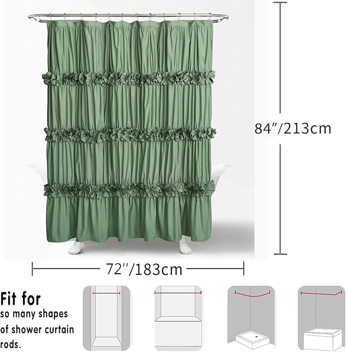 Light Green Ruffle Shower Curtain 72“ W x 84” H, Vintage Handcrafted Bow Tie - Image 6