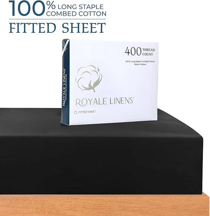 Royale Linens 400 Thread Count 100% American Grown Cotton Fitted Sheet Queen Size - All Around Elastic Fitted Sheet - Luxury Sateen Weave - Snug Fit Bottom Sheets Fit Up to 16" (Queen,Night Black)