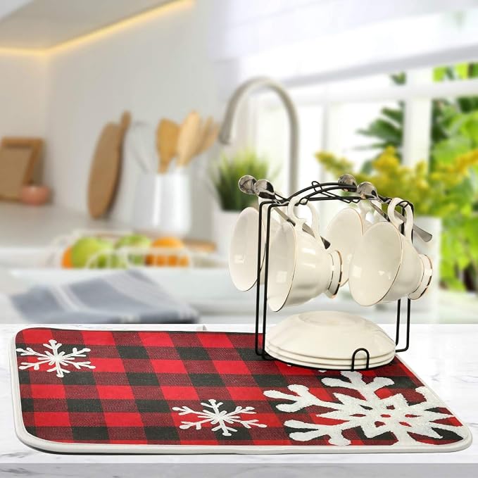 Christmas Red Plaid Snow Snowflake Dish Drying Mat 18x24 inch Red Black Lattice - Image 5