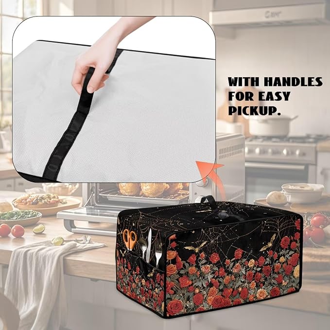 Red Rose Bat Cobweb Print Microwave Oven Dust Cover Polyester-Linen Fabric Dust Cover for Microwave Oven Universal Dust-Proof Kitchen Appliance Protector Fits Most Microwaves, L