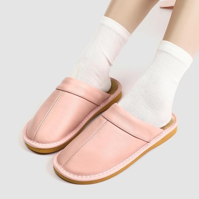 Slippers for Women Men, Genuine Leather Slippers Indoor Outdoor, Fuzzy Bedroom - Image 6