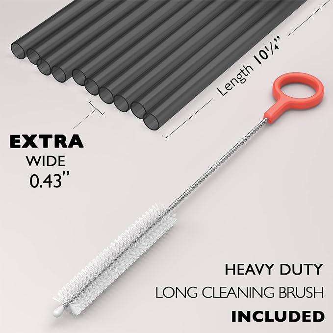 10 EXTRA WIDE Long Reusable Black Hard Plastic Drinking Straws + Cleaning Brush - Image 2