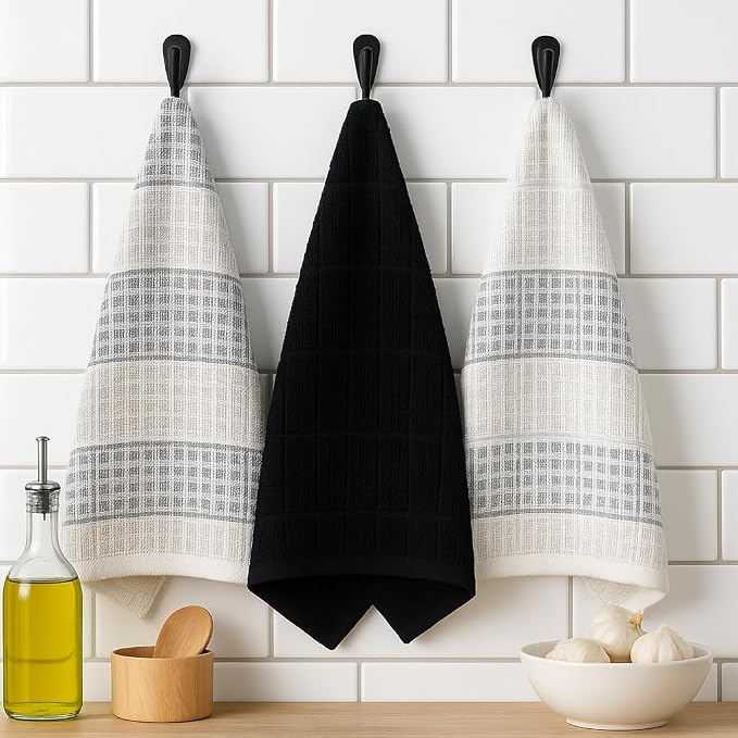 Black Gray Kitchen Dish Towels- Set of 3 100% Cotton Cloth Soft Cleaning Drying - Image 2