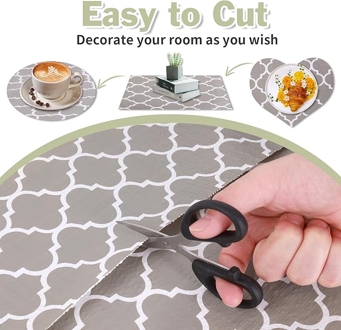 Drawer and Shelf Liner for Kitchen Cabinet: 23.6 in X 20 Ft Non Slip Waterproof Shelf Paper Non Adhesive Refrigerator Liners Gray Quatrefoil Easy Liners for Bathroom Cupboard with Knife Tape Measure