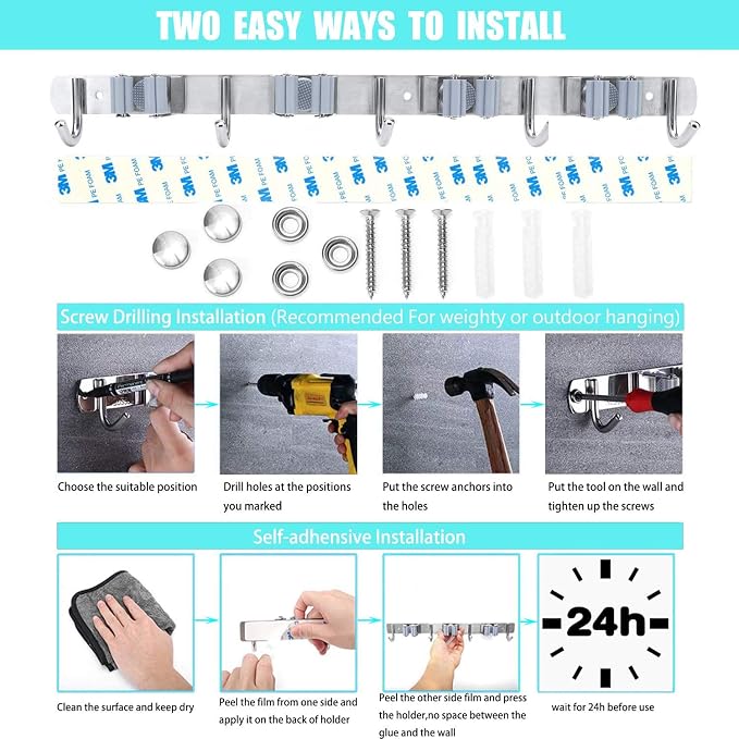 Broom Mop Holder Wall Mount Stainless Steel Tool Hanger Storage Organizer - Image 3
