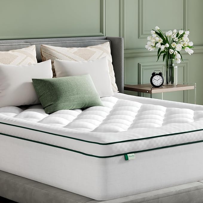 Novilla Full Mattress Topper, Extra Thick Pillow Top Mattress Pad with Down Alternative, Breathable Mattress Cover with for 8-21", Machine Washable Fitted Mattress Protector – Green-White