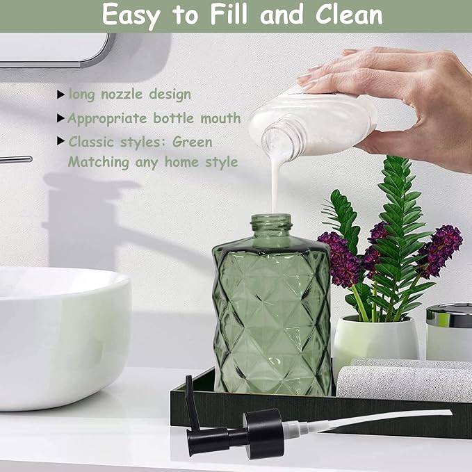 Green Glass Soap Dispenser, 12oz Bathroom Hand Dispenser, Lotion Dispenser - Image 3