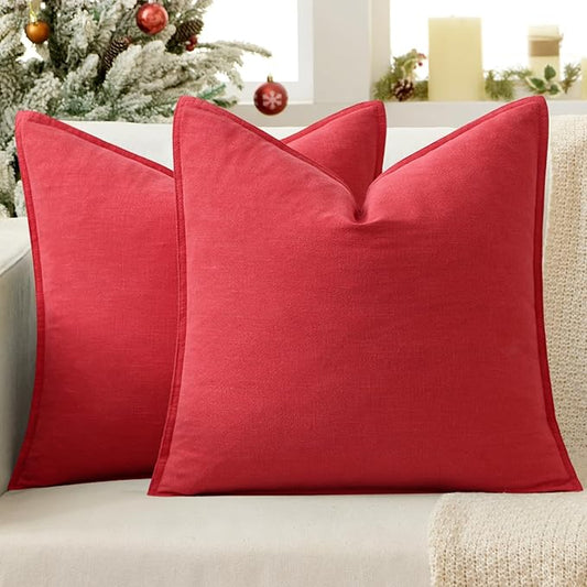 EMEMA Christmas Throw Pillow Covers Decorative Linen Pillow Covers 18x18 Inch Red Boho Farmhouse Neutral Couch Throw Pillows for Bed Pack of 2 Accent Pillowcase Modern Sofa Cushion Livingroom Home