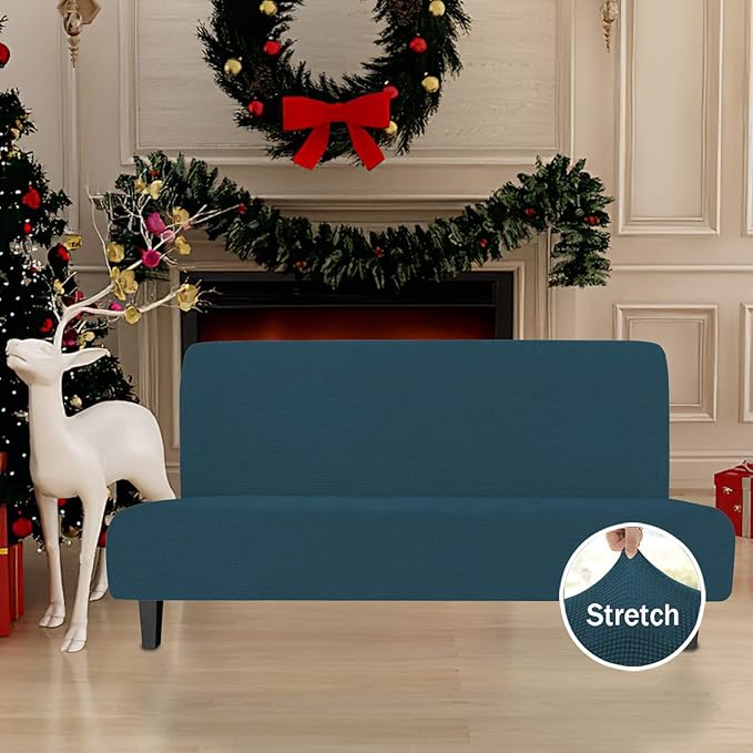 Easy-Going Stretch Futon Slipcover Armless Futon Bed Cover Furniture Protector Without Armrests with Elastic Bottom for Kids, Soft Jacquard Fabric Small Checks (Large, Deep Teal)