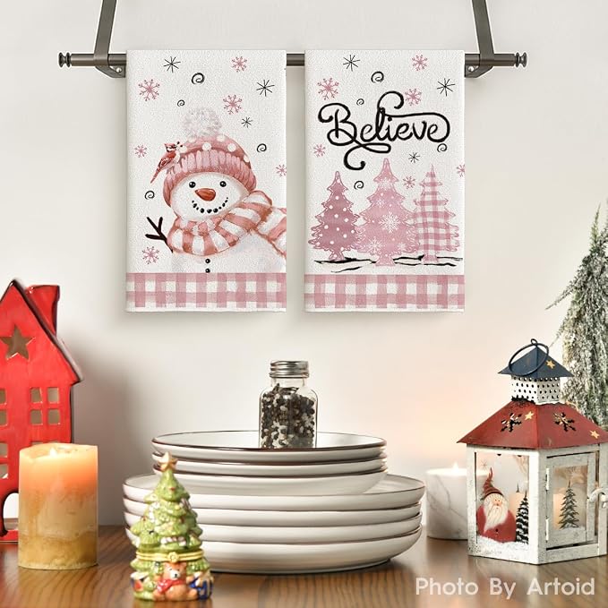 Artoid Mode Pink Xmas Tree Snowman Christmas Kitchen Towels Dish Towels - Image 3