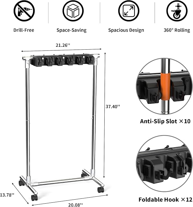 No-Drill Broom Holder Laundry Room Organization, Movable Cleaning Supplies - Image 2