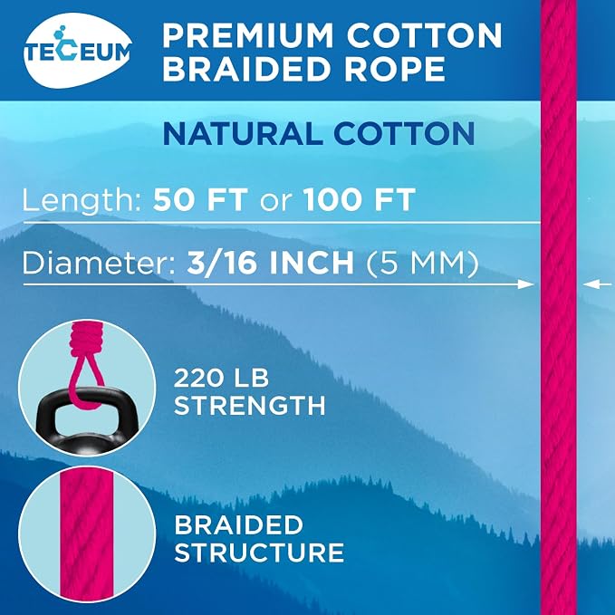 TECEUM Cotton Rope 3/16” – 100 FT – Strong All-Purpose Braided Rope – Natural - Image 2