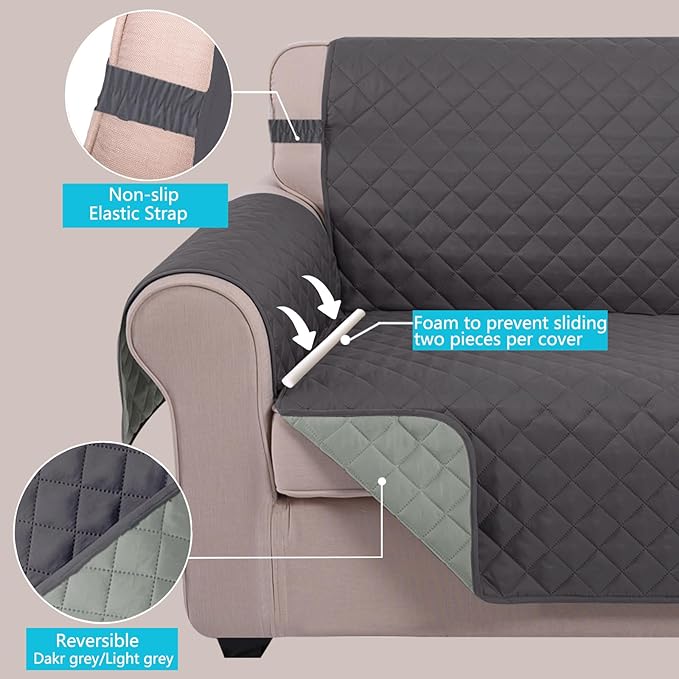 U-NICE HOME Reversible Sofa Cover Washable Couch Cover for Dogs with Elastic Straps Water Repellent Furniture Protector Couch Cover for 3 Cushion Couch Sofa Pet Friendly (Sofa, Dark Grey/Light Grey)