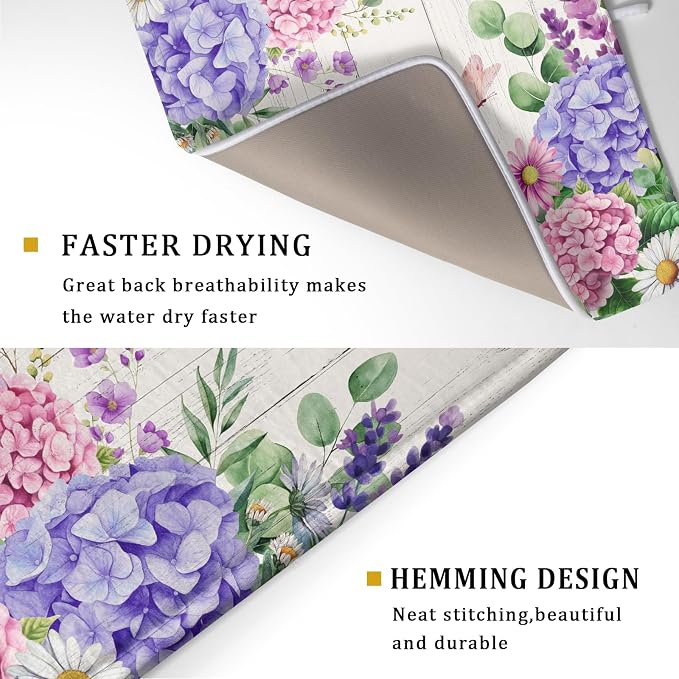 Hydrangea Floral Dish Drying Mat 18x24 inch Spring Summer Decorative Fast Dry - Image 3