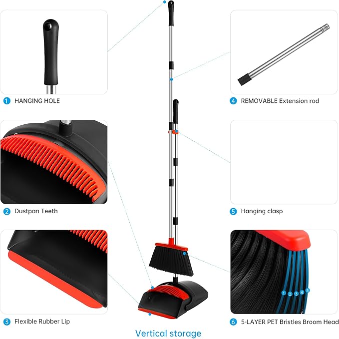 Broom and Dustpan Set for Home, 52-in Long Adjustable Handle Angle Broom for - Image 3