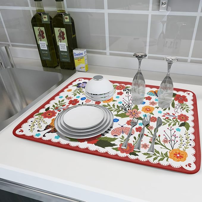 Large Microfiber Dish Drying Mat Red Floral Absorbent Drying Pad - Image 6