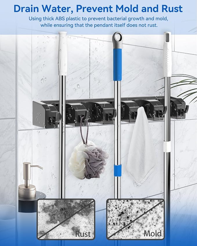 AceMining Broom Holder Wall Mounted, 2 Pack 5 Holders and 6 Hooks Mop Holder - Image 7