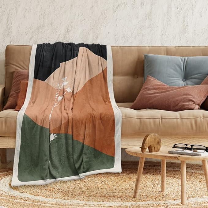 Boho Orange Mid Century Blankets Abstract Modern Throw Blanket Minimalist Boho Aesthetic Soft Warm Bed Bedding Women Blankets for Couch Bedroom Sofa Office Cozy Flannel Blankets 40"X50"