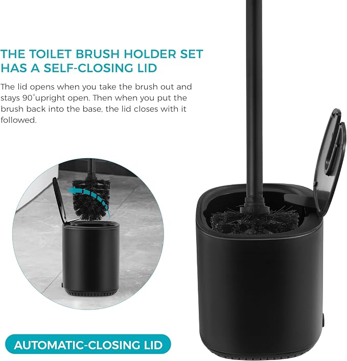 Toilet Brush and Holder Set Toilet Bowl Brush Stainless Steel Automatic Open - Image 2