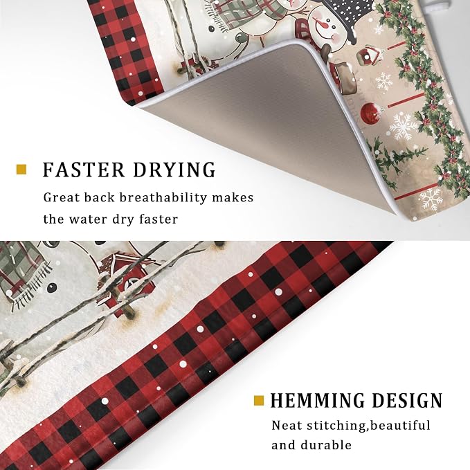 Winter Snowman Dish Drying Mat 18x24 Inch Red Buffalo Plaid Holiday Dish - Image 3