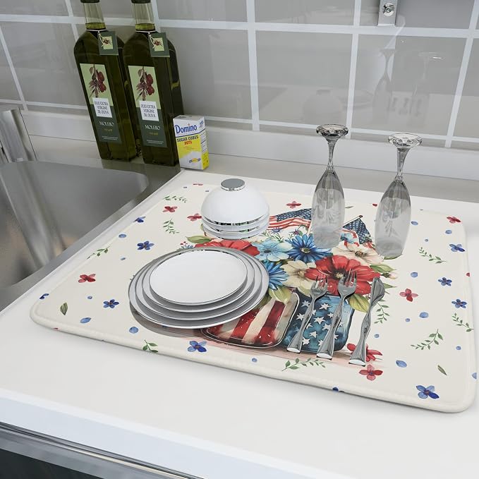 Giwawa American Patriotic Floral Dish Drying Mat Flower Vase Drainer Rack Mats - Image 6