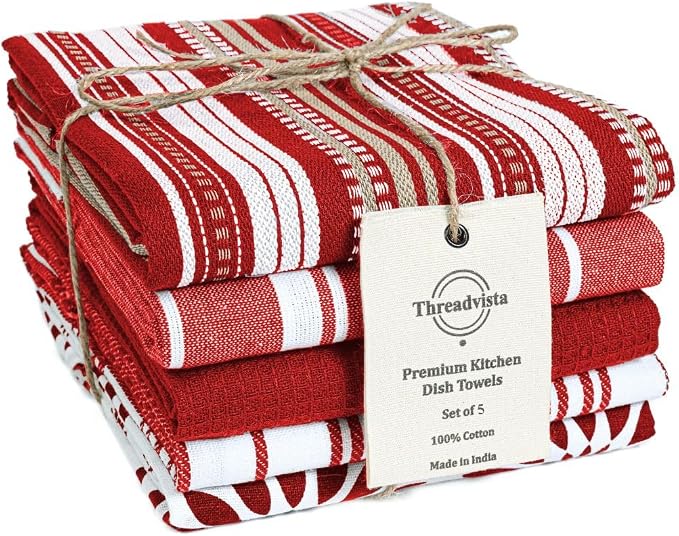 Assorted Kitchen Towels 100% Cotton Large 16x26 Inch Set of 5 by Threadvista
