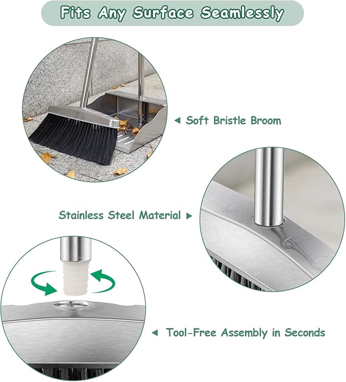 Dust Pans with Long Handle, Heavy Duty Metal Dust Pan with Handle, Upright - Image 4