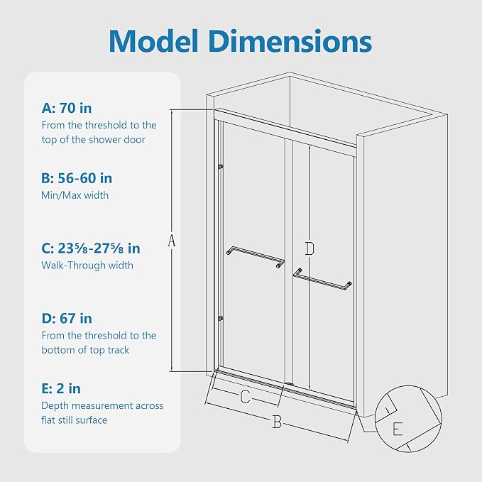 56"-60" W x 70" H Semi-Frameless Double Sliding Bypass Shower Door, 1/4" SGCC - Image 6