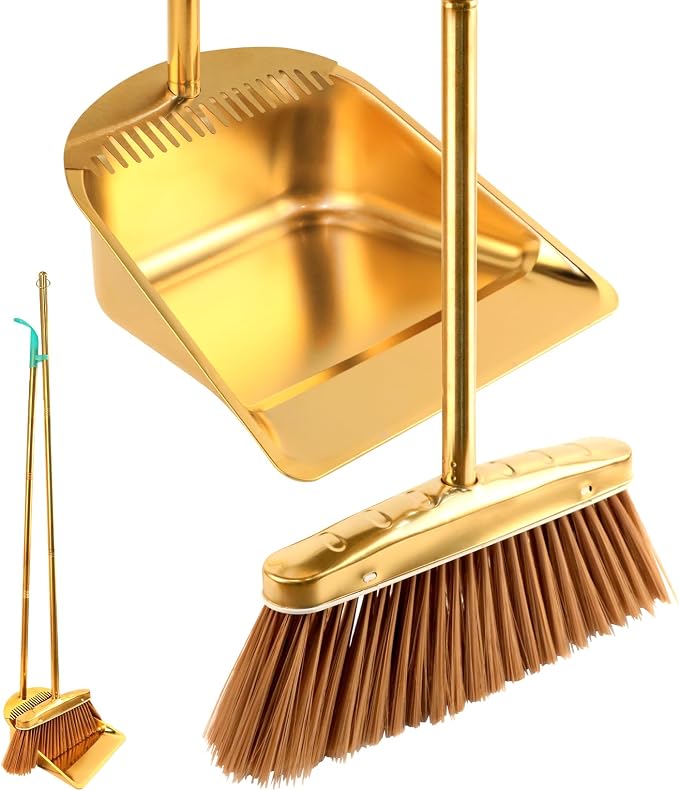 Gold Stainless Steel Broom and Dustpan Set, 2-Piece Long Handle Standing Pan by ZTZ