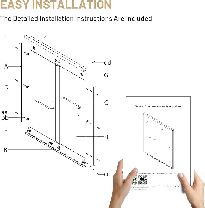 50-54" W x 70" H Double Sliding Shower Door, Semi-Frameless Shower Door - Image 8