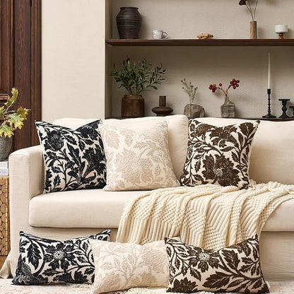 Yangest Chenille Floral Pillow Cover 18 x18 Inches, Neutral Jacquard Square Throw Pillow Cover Soft Decorative Nature Accent Couch Pillow Cover for Living Room Bedroom, Beige
