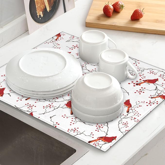 Cardinal Bird Red Berry Decor Kitchen Drying Mat Cute Microfiber Dish Drainer - Image 6