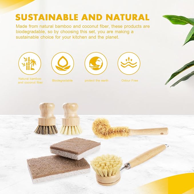 6 Piece Bamboo Dish Brush Set - Image 7