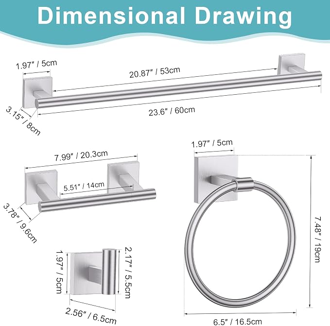 Brushed Nickel Bathroom Hardware Towel Bar Set, 5 Pieces Double Dase Toilet - Image 6