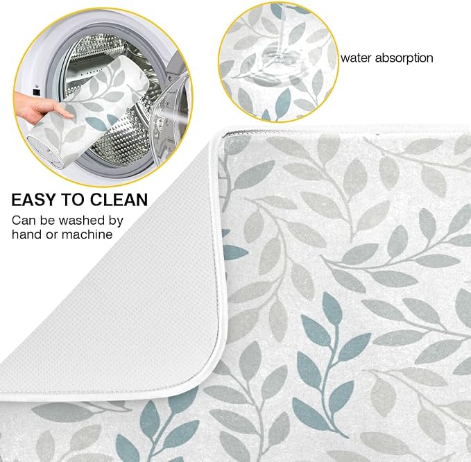 Grey and Blue Leaves branches Dish Drying Mat 18x24 - Image 2