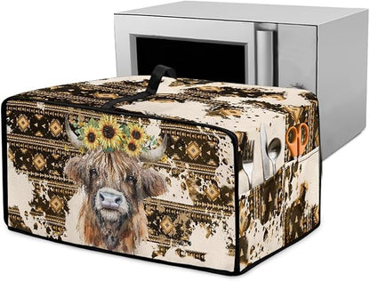 Convection Toaster Oven Cover with Pockets, Easy to Clean, Smart Microwave Baking Oven Dust Cover for Countertop, M, Aztec Highland Cow Sunflower Tribal Pattern