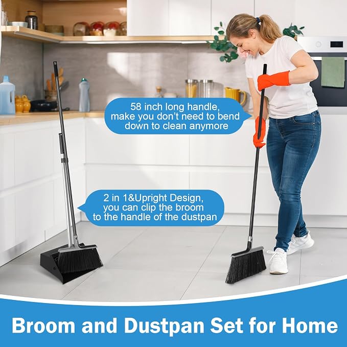 4 Set Broom and Dustpan Set 58 Inch Commercial Broom and Dustpan Combo Set - Image 6