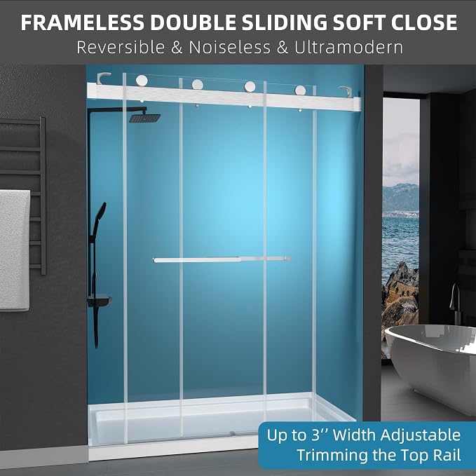 GETPRO Sliding Shower Door 57-60" W x 79" H Frameless Bathroom Double Sliding - Image 2