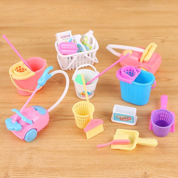 22 Pcs Miniature Dollhouse Cleaning Supplies Mini Bucket Mop Dust Pan Brush - Image 6