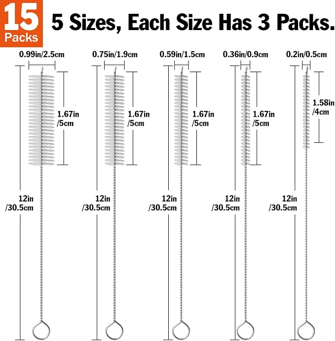 AZEN 15 Pack Straw Cleaner Brush Set, 12 inch Extra Long, 5 Different Diameters - Image 2